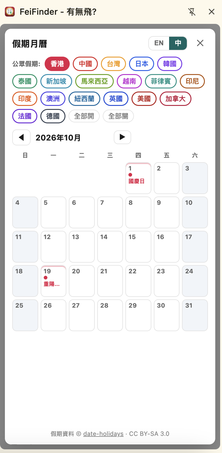 假期月曆:可揀選多個國家或地區,月曆格內以圓點及名稱標示公眾假期,週末以顏色標示;底部標註假期資料來源 date-holidays(CC BY-SA 3.0)