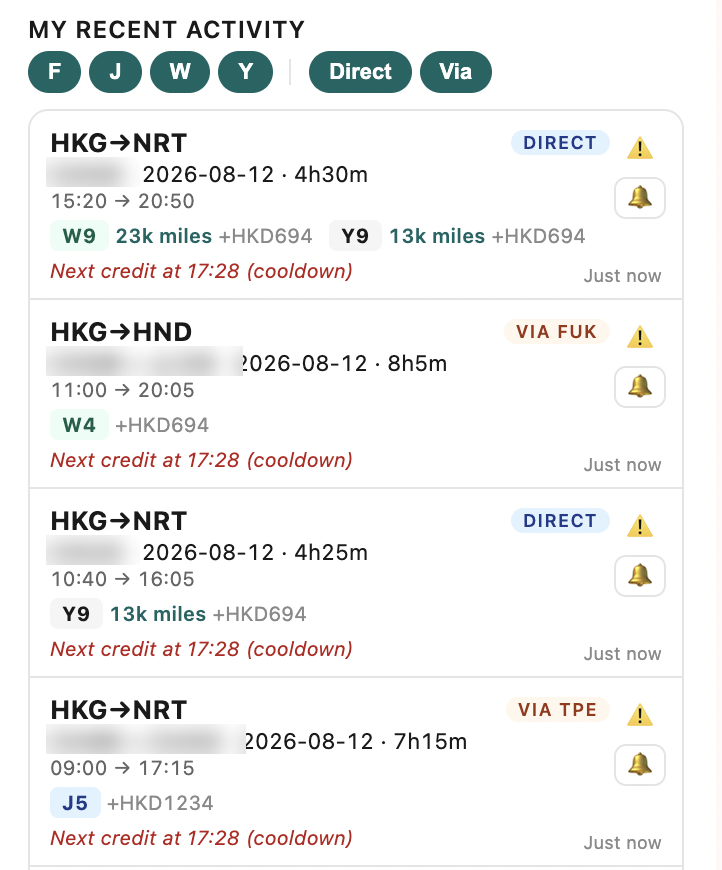 FeiFinder 側邊欄列出多條航線嘅獎勵機位:每行顯示出發地到目的地、日期、飛行時間、直航或轉機、可用艙位同所需里數